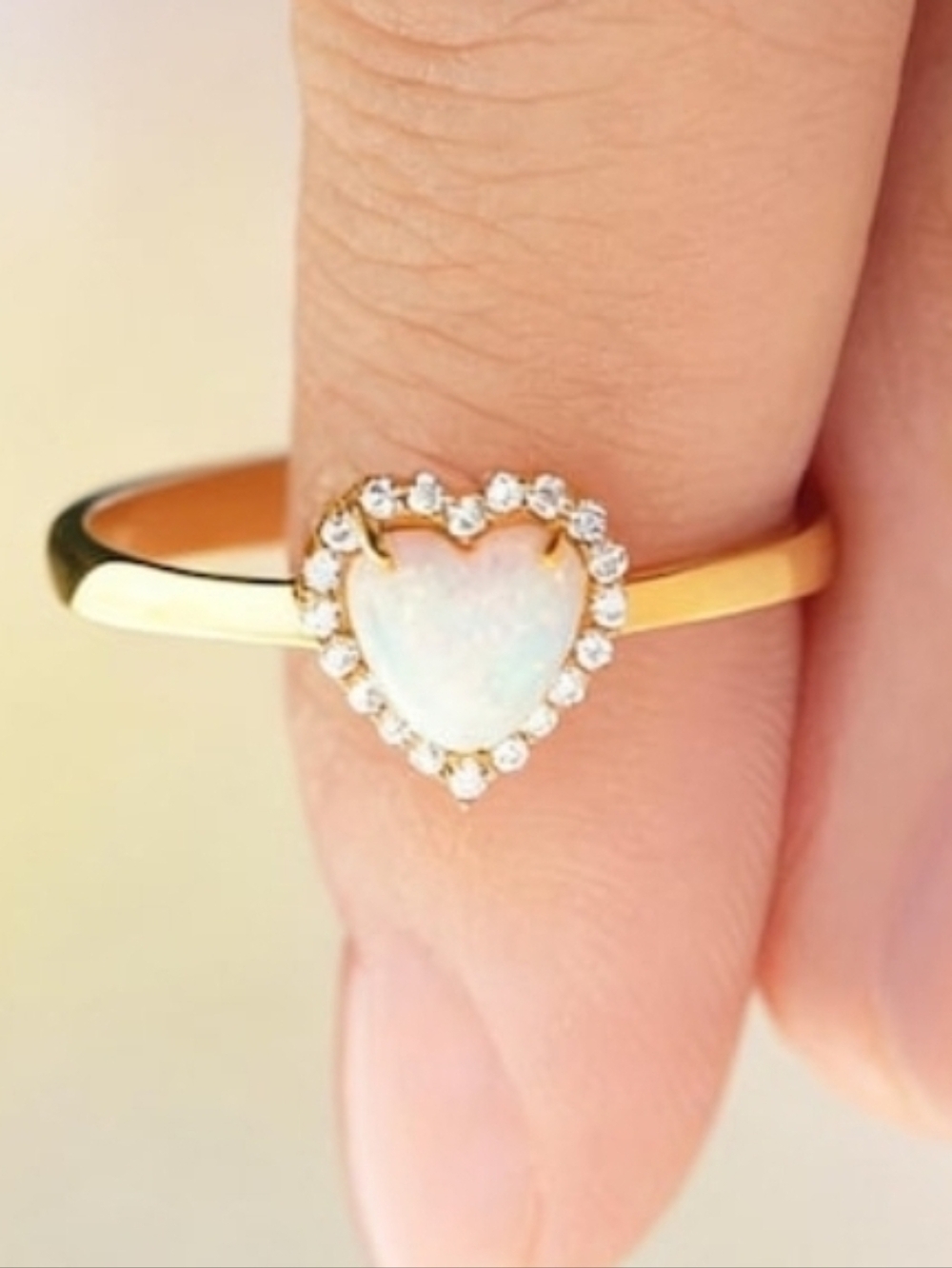 Dainty Gold Heart Opal Ring with Halo Accent